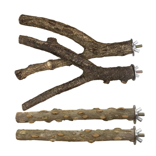 Three natural wood branch dog toys with metal mounting hardware, arranged on a plain white background.
