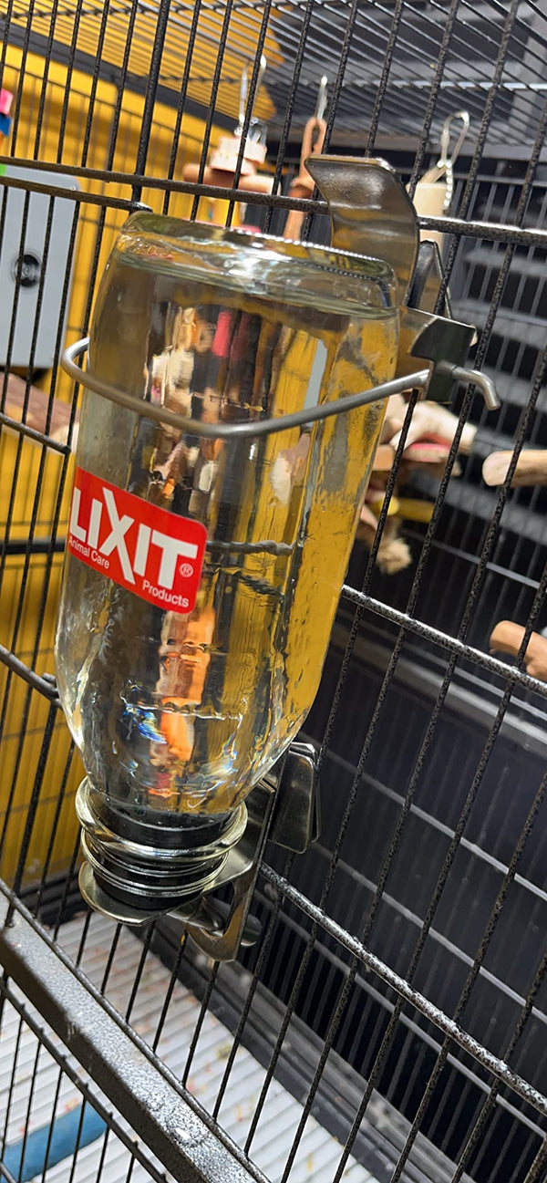 A clear glass bird water bottle feeder with a metal clip mounted on a black wire cage. The bottle is filled with yellow liquid and has a red and white 'EXIT' label on the side.