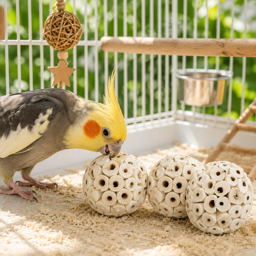 A cockatiel bird standing on sand inside a cage, interacting with three white ceramic ring-shaped bird toys. The bird has a yellow head, gray wings, and an orange cheek patch.