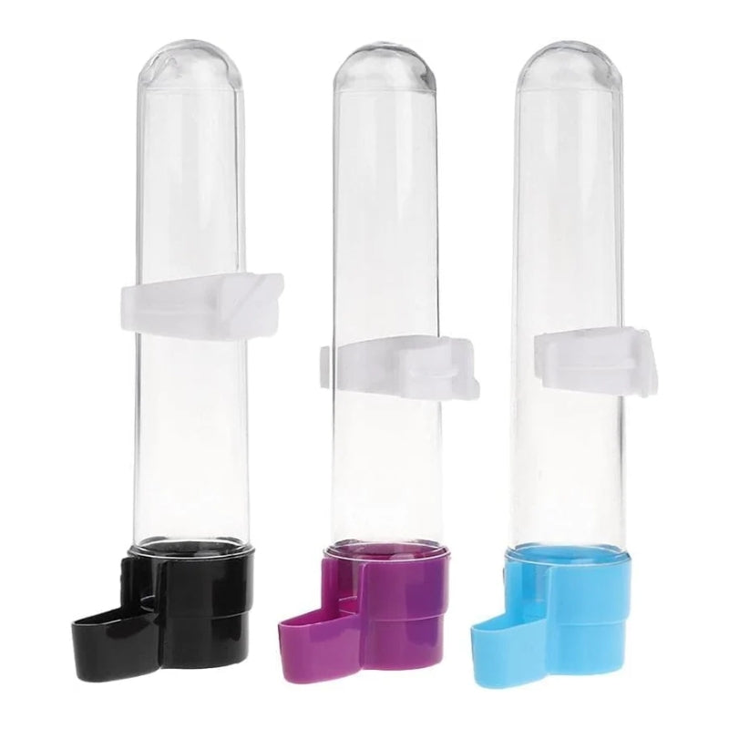 Three clear plastic water bottles with white screw caps and colored bases in black, purple, and blue, shown on a white background.