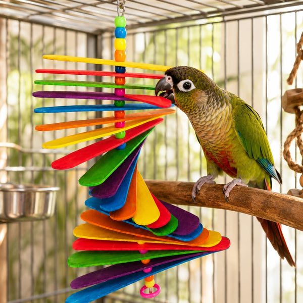 Colorful bird toy with a parrot perched on a branch inside a cage.