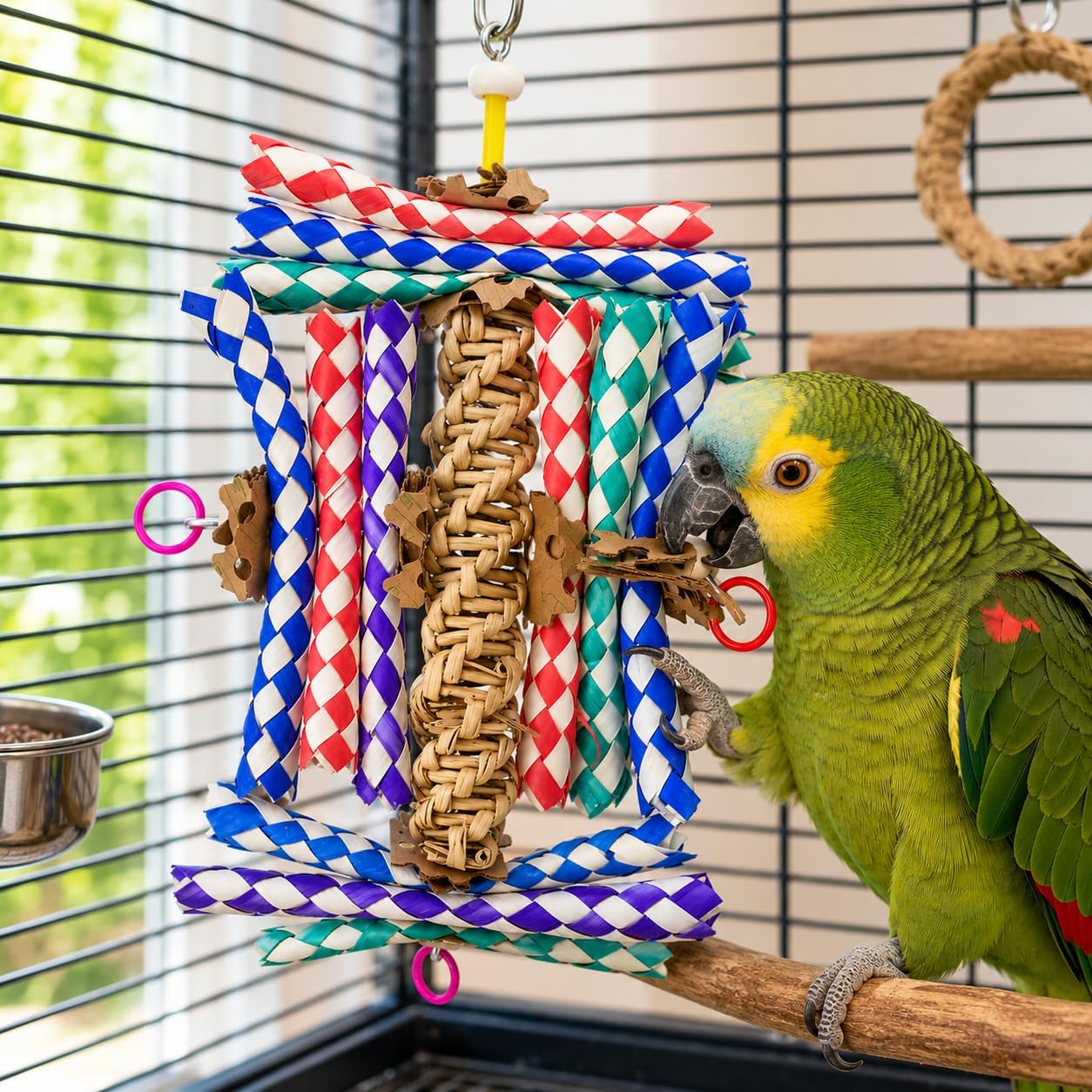 Green parrot interacting with a colorful bird toy in a cage.