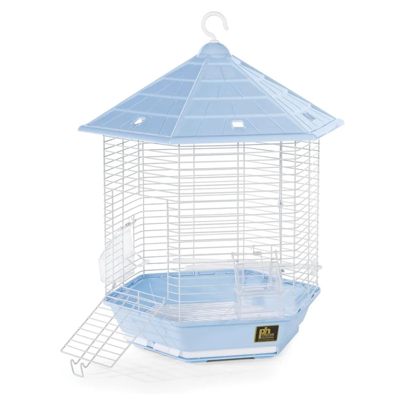 A light blue and white wire bird cage with a matching blue plastic base, perch, and hanging hook, shown on a plain white background.