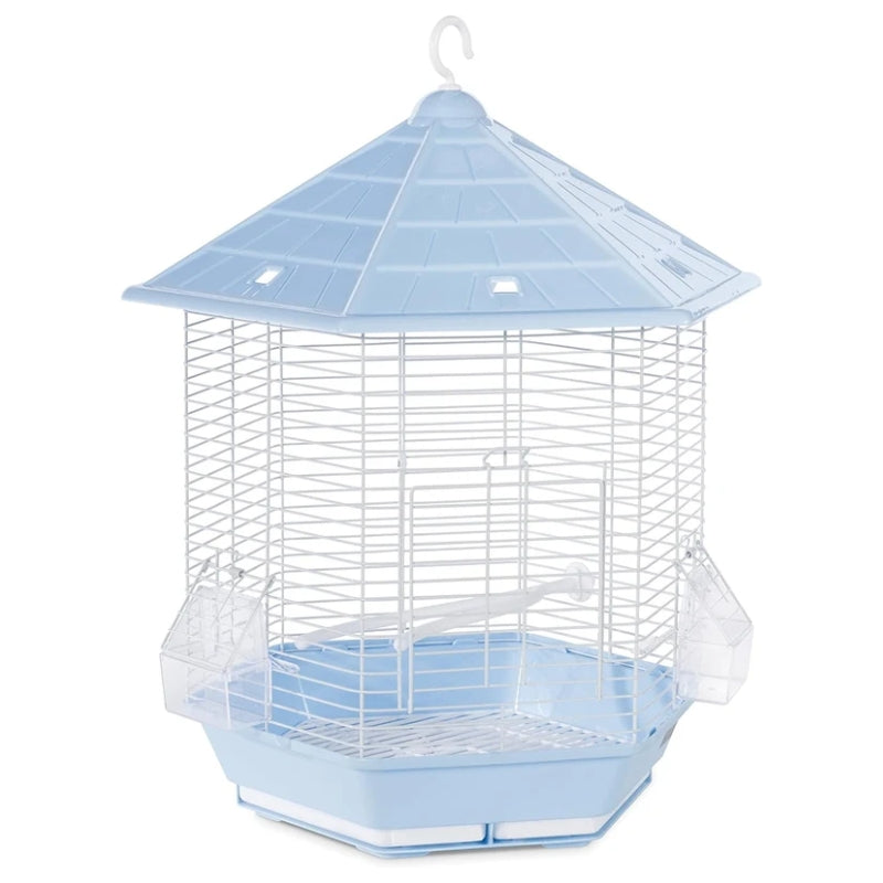 A light blue and white plastic bird cage with a hexagonal design, featuring a hanging hook at the top, white wire mesh sides, a matching light blue bottom tray, and small clear plastic food and water dishes.