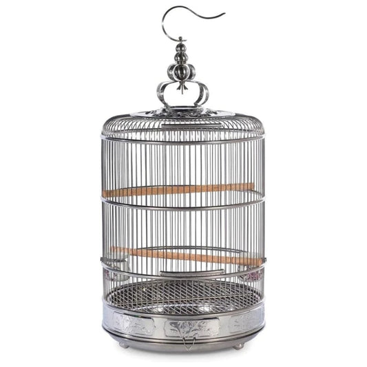 A vintage-style metal bird cage with a polished silver-tone finish, featuring two natural wood perches and a hanging hook at the top, set against a plain white background.