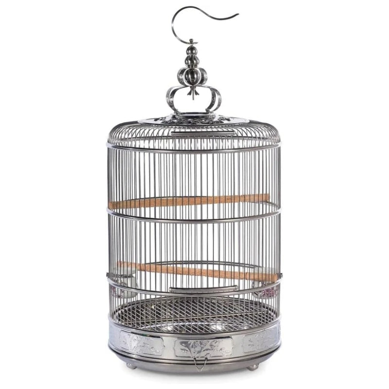 A vintage-style metal bird cage with a polished silver-tone finish, featuring two natural wood perches and a hanging hook at the top, set against a plain white background.