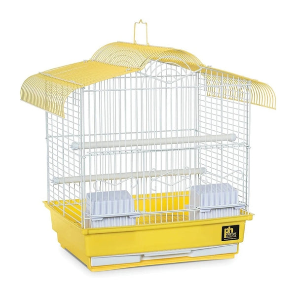 A small bird cage with a yellow plastic base, roof, and perches, combined with a white metal wire body and bars. It features a yellow plastic tray at the bottom and a small black and yellow logo plate on the front right.