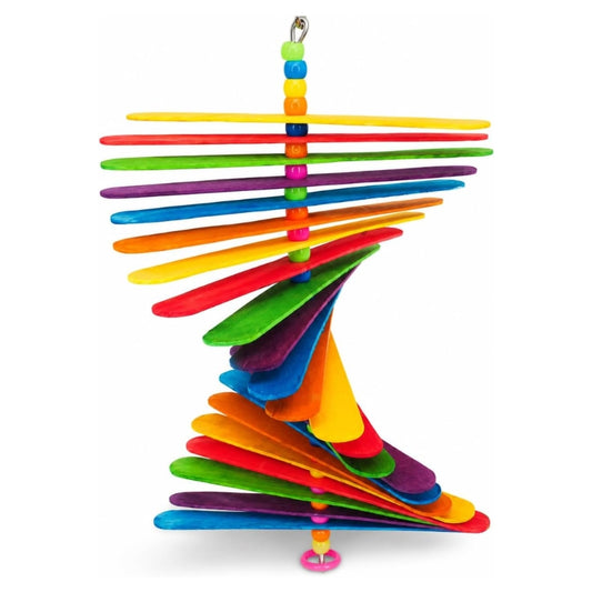 A colorful plastic popsicle stick spinner toy with a central hanging rod, multiple horizontal rainbow-colored sticks, and a circular base, shown on a plain white background.