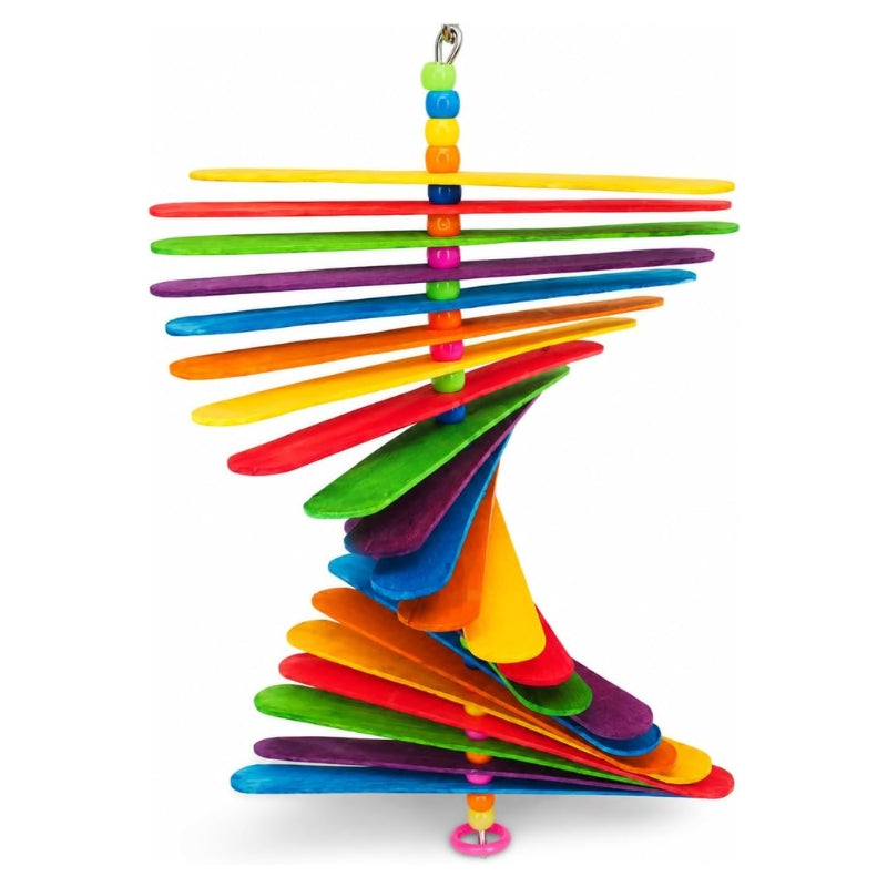 A colorful plastic popsicle stick spinner toy with a central hanging rod, multiple horizontal rainbow-colored sticks, and a circular base, shown on a plain white background.