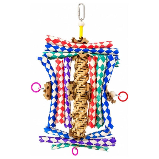 A colorful wooden bird toy with woven branches, patterned paper ribbons in multiple colors, and hanging rings, shown against a plain white background.
